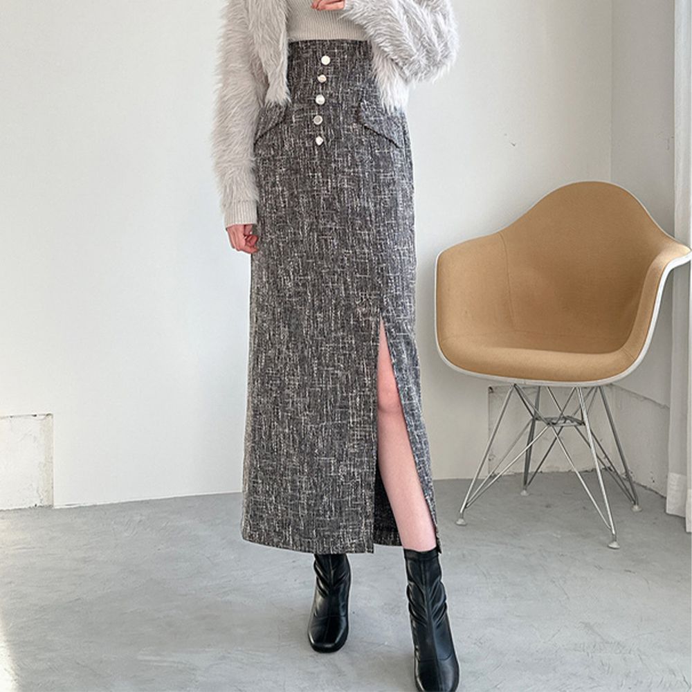 氣質金釦花呢側開叉合身長裙-夜黑