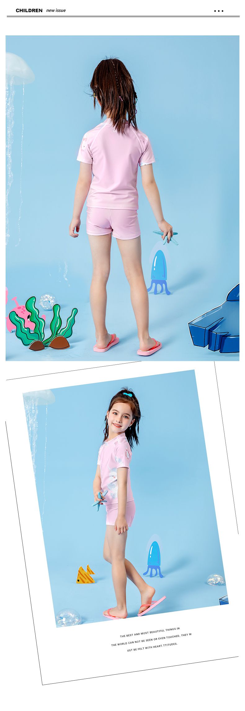 361° - 兒童卡通圖短袖泳衣套裝(二件組)-獨角獸-粉色