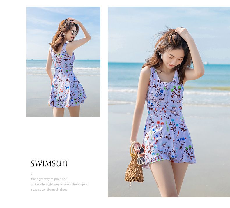 碎花遮肚修身顯瘦無袖連身泳衣-白色