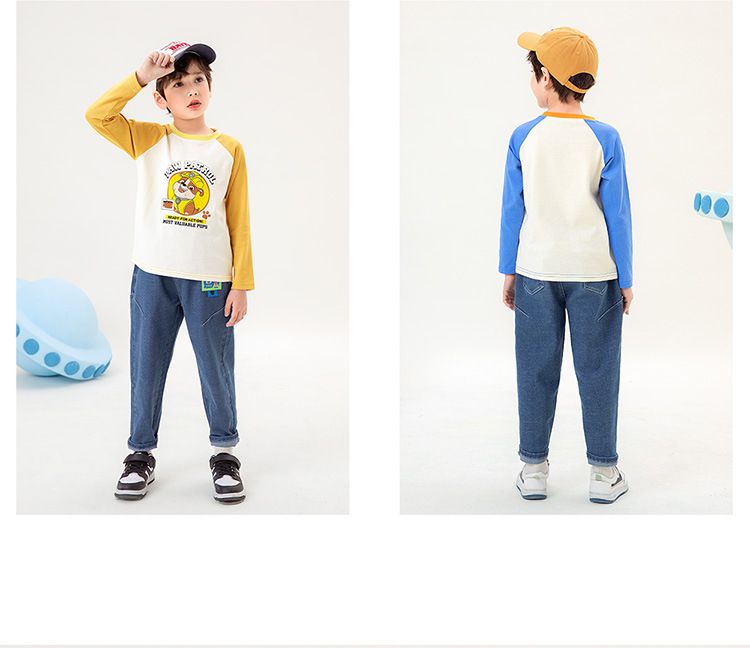 卡通汪汪隊棉質拼色圓領長袖上衣-卡通人物小礫-黃+白