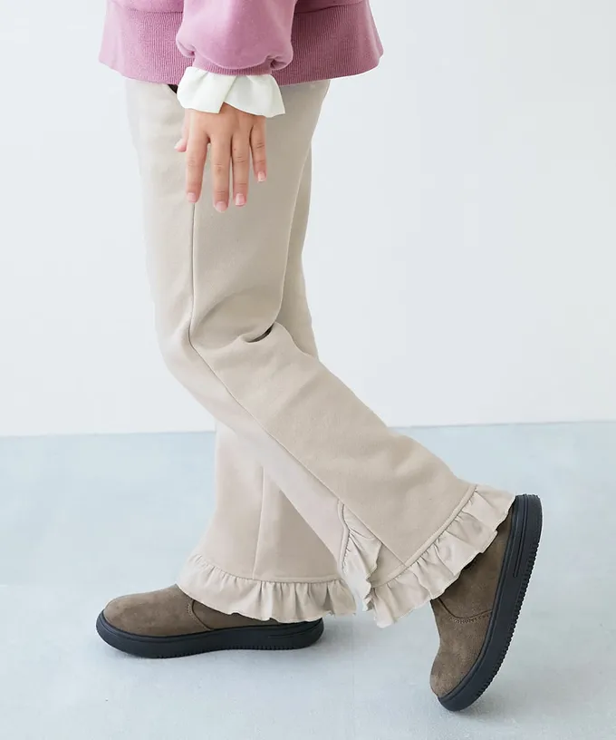 日本 devirock - 可愛設計荷葉邊裏毛長褲-下擺-灰杏