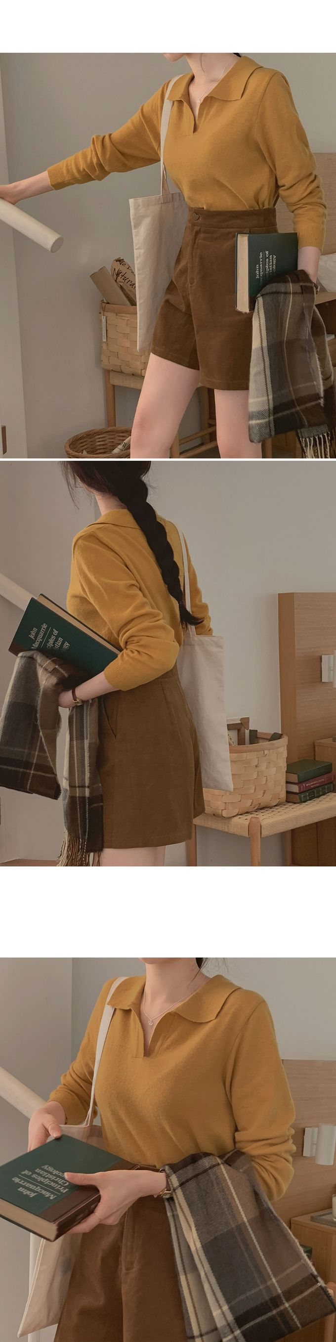 韓國女裝代購 - 小V翻領混羊毛長袖針織上衣-燕麥 (FREE)