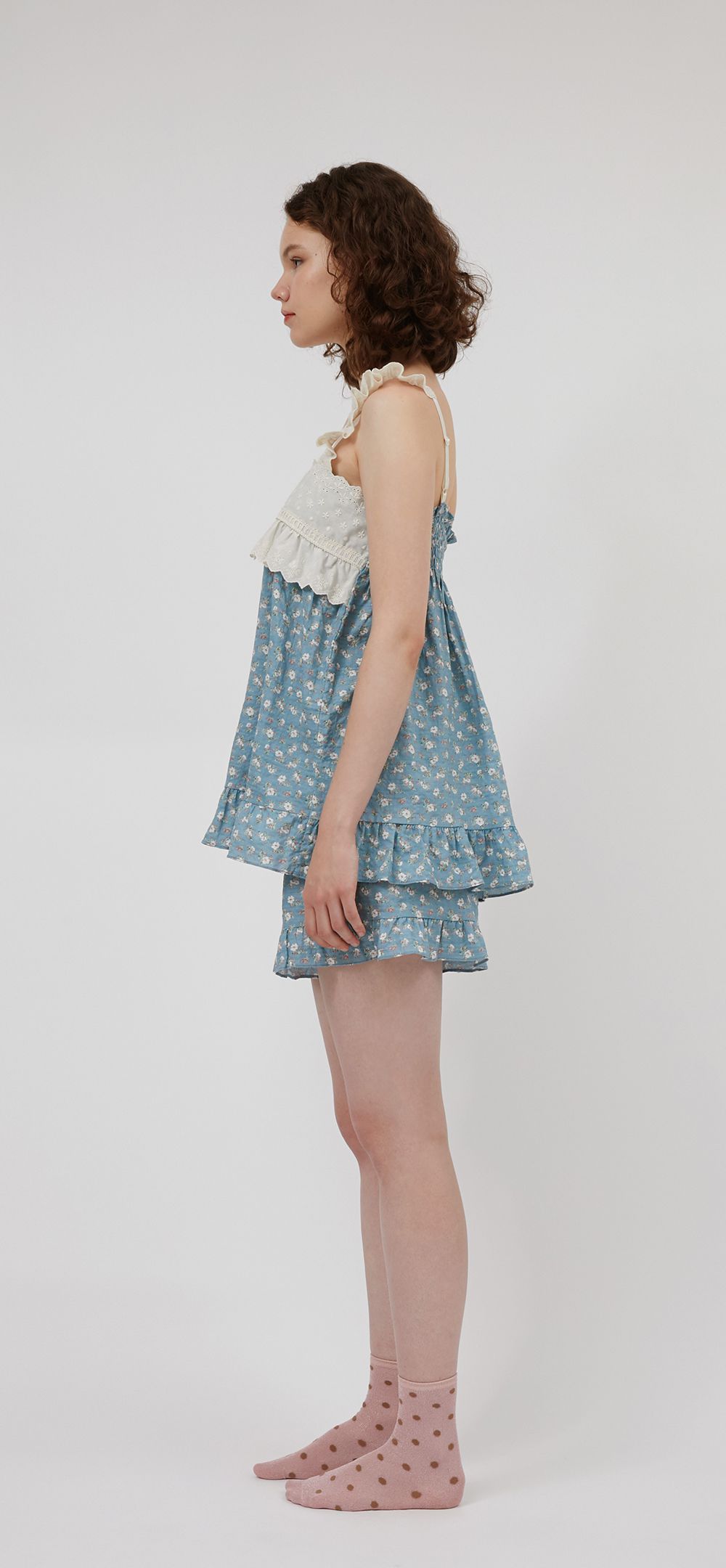 韓國 ULLALA - 蕾絲花邊無袖睡衣(兩件式)-藍 (FREE)