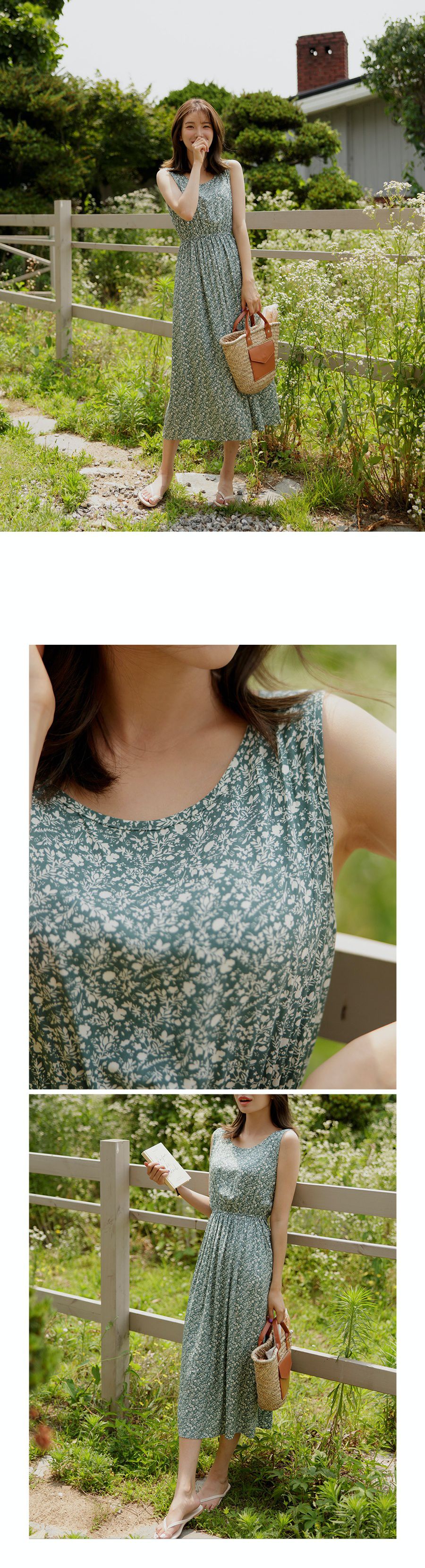 韓國 Urbantheroom - 單色碎花無袖縮腰長洋裝-藍 (Free)