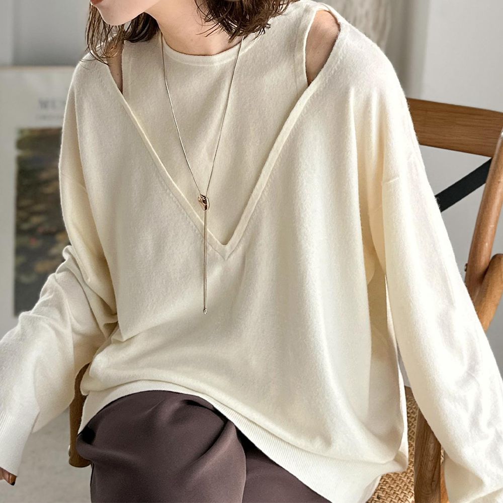 假二件疊穿時尚露肩長袖上衣-象牙白