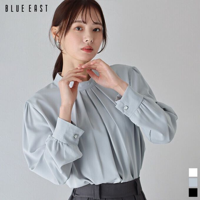 日本 BLUE EAST - 優雅摺線都會感小立領長袖上衣-黑