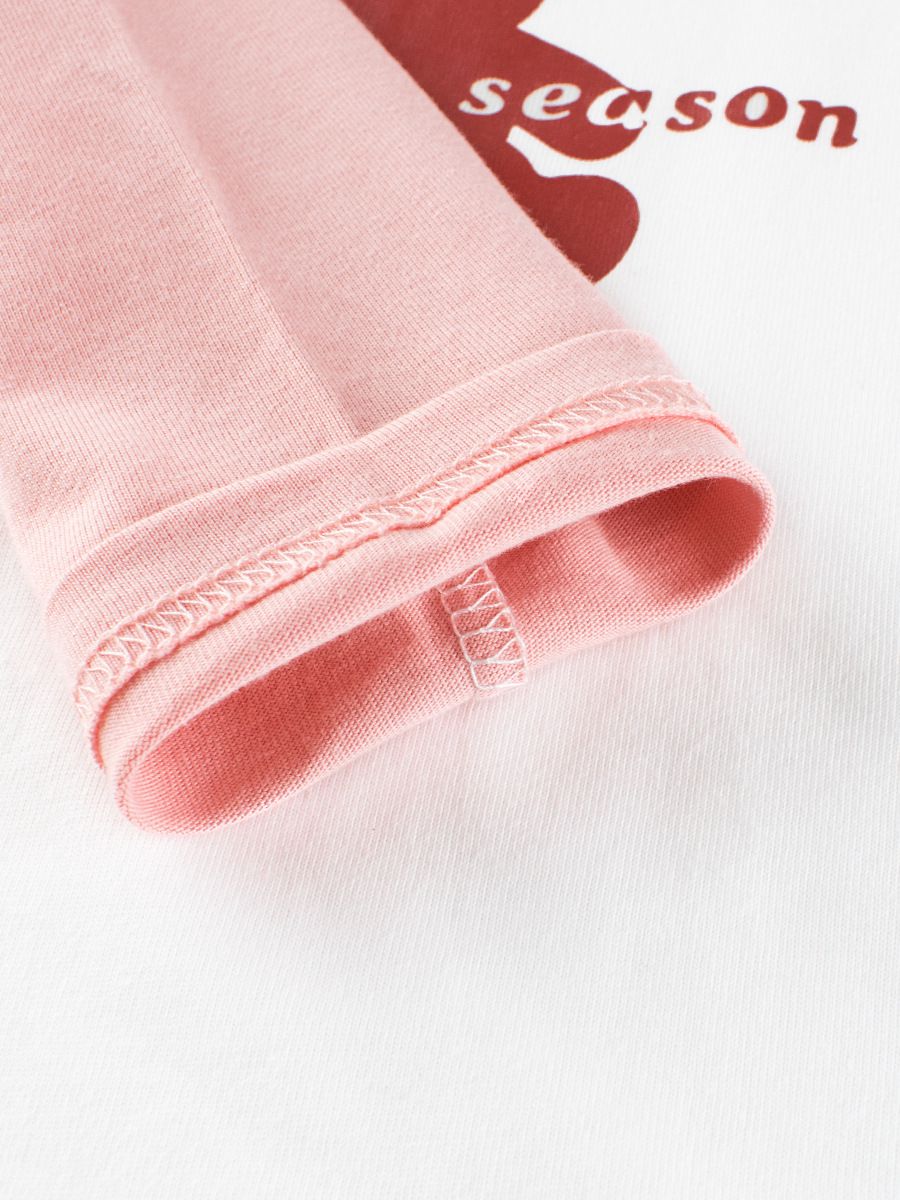 (大童)純棉圓領薄長袖上衣-粉紅熊熊-粉+白