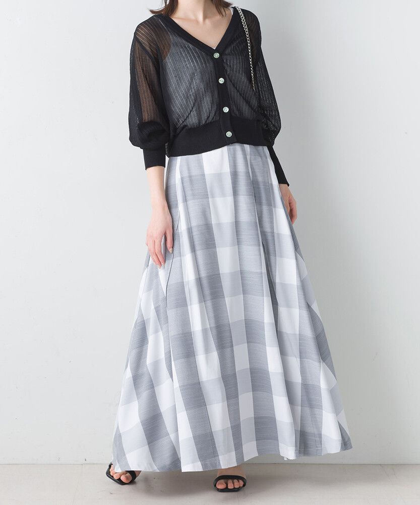 日本女裝代購 - 文藝大格紋修身長裙-淺灰藍