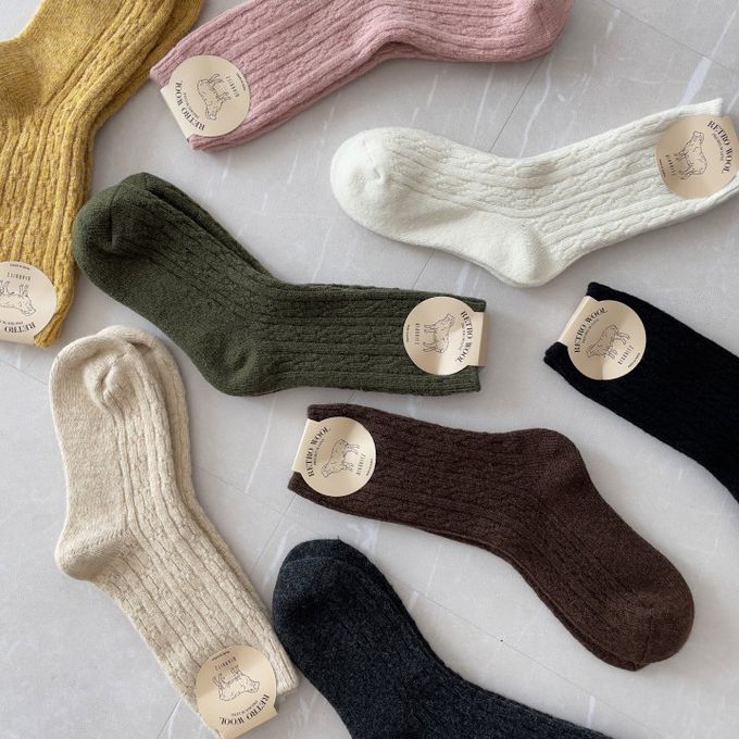 韓國Marian - 花紋素色羊毛保暖襪-芥茉黃 (Free)