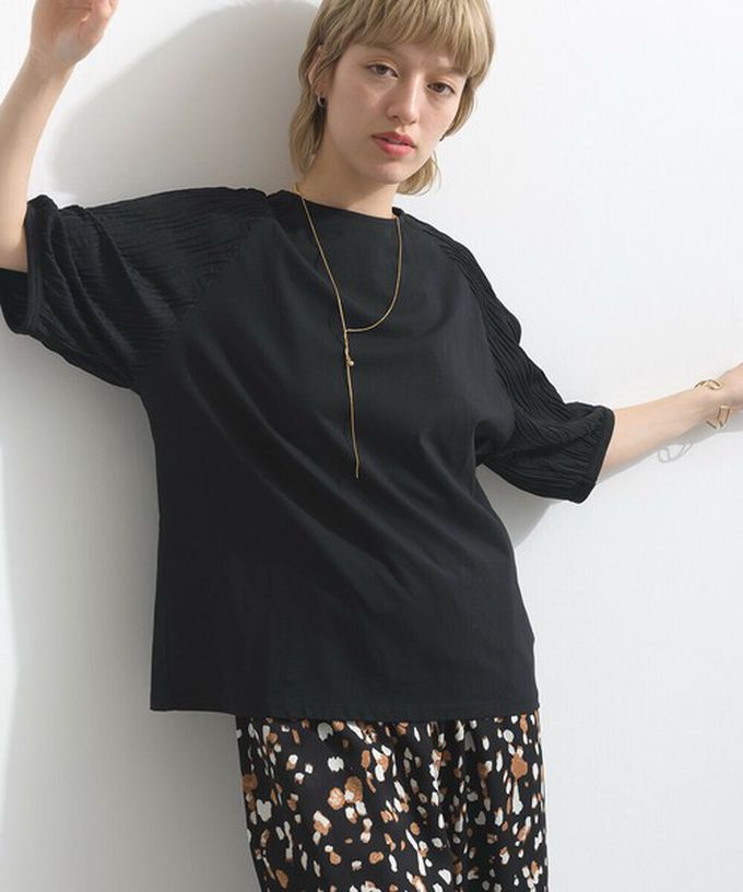 日本 le colis - 優雅立體感波浪五分袖上衣-淺軍綠