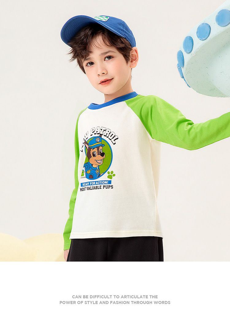 卡通汪汪隊棉質拼色圓領長袖上衣-卡通人物小礫-黃+白