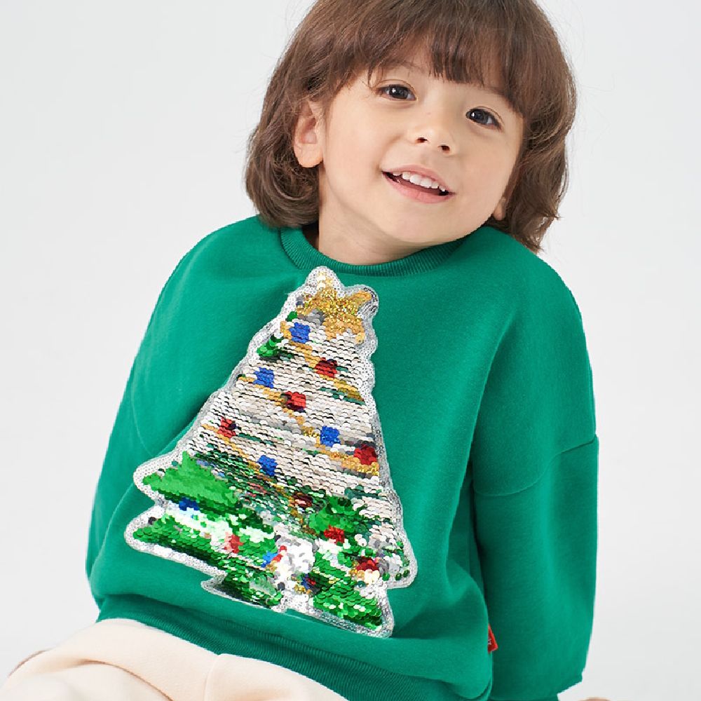 (內磨毛)閃亮變色長袖大學T-聖誕樹-綠