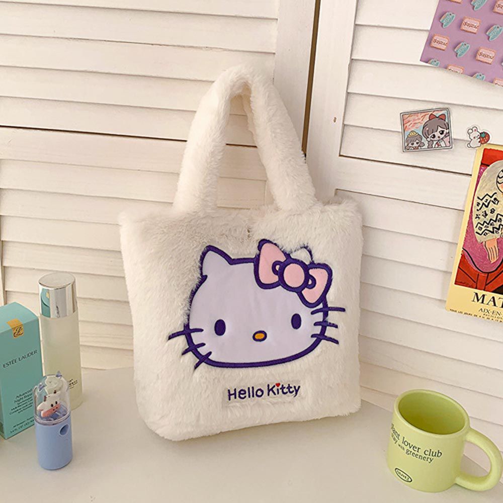卡通毛茸茸大容量手提袋-卡通人物Hello Kitty-白色 (30x10x(27+17)cm)