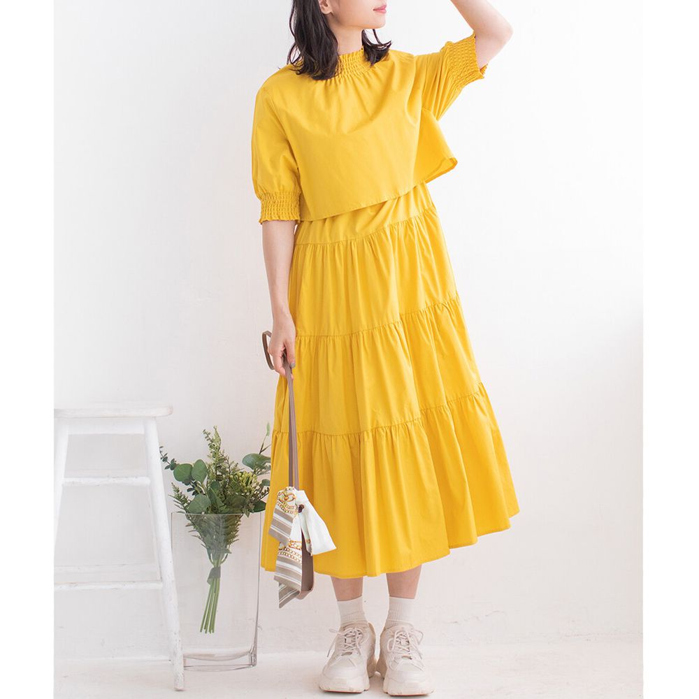 日本 Bou Jeloud - 俏皮假兩件層次感五分袖蛋糕長洋裝-黃