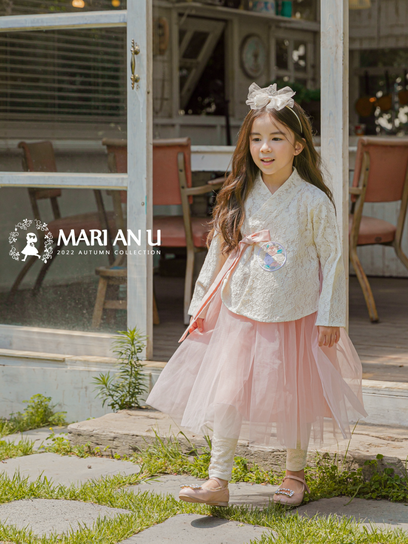 韓國 Mari an u - 兩件式蕾絲雕花網紗韓服-米X粉