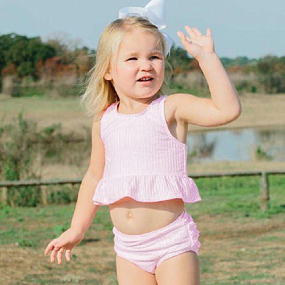 美國 RuffleButts - 小女童比基尼泳裝-淡粉條紋