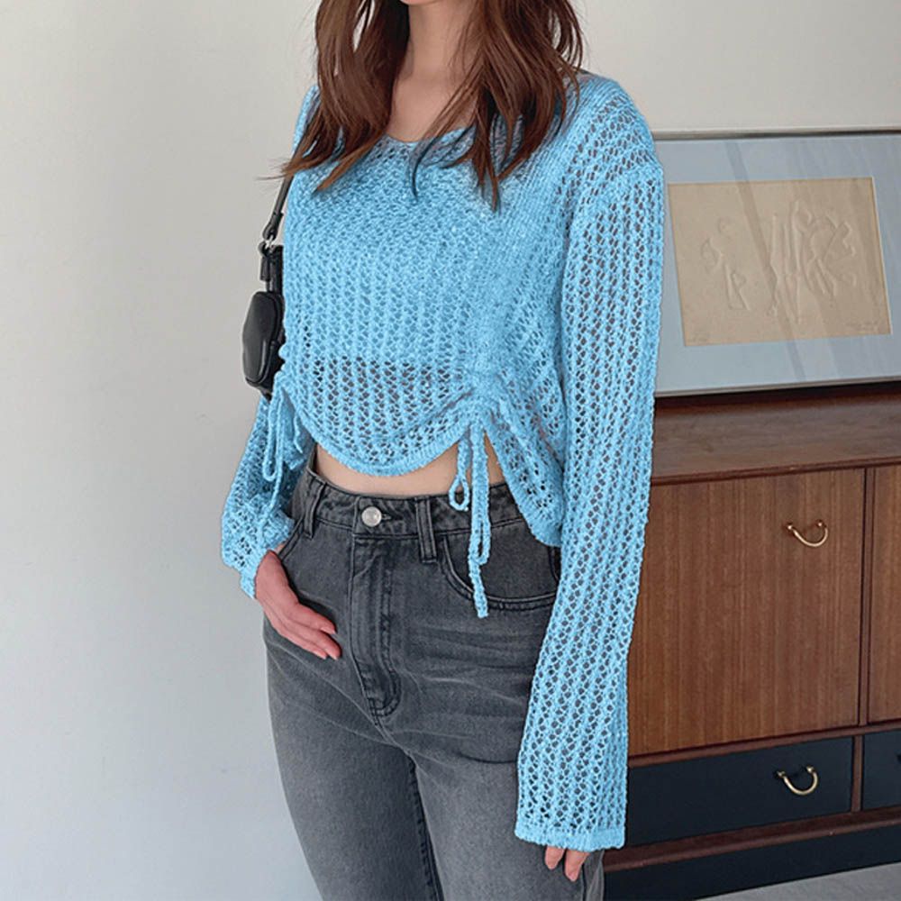 閃亮洞洞針織美型皺摺長袖上衣-藍 (F)