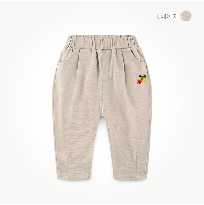 韓國 milk mile - 鬆緊腰小熊刺繡休閒長褲-深藍灰