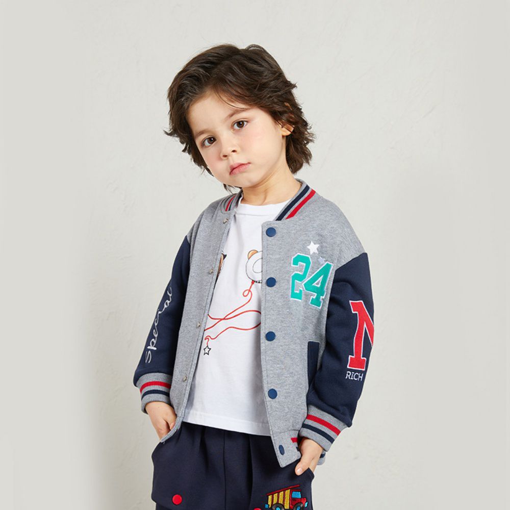 童趣拼色棒球外套-數字24-霧藍+杏