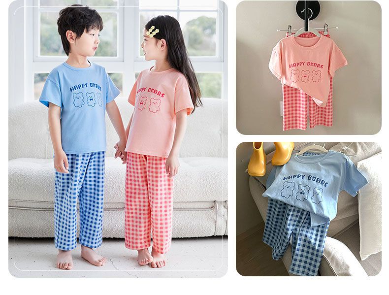 萊卡薄款短袖寬褲家居服套裝/空調服-熊熊+格子褲-奶油白