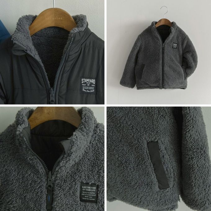 日本 BRANSHES - 2way雙面異材質保暖鋪棉外套(可機洗)-格子-寶藍