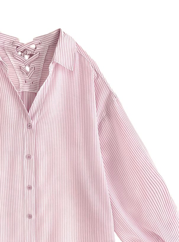 日本 GRL - 可愛後綁帶翻領長袖襯衫-簡約黑 (F)