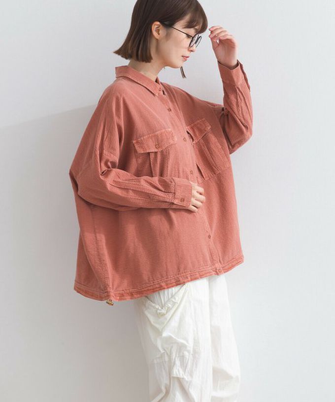 日本 Lupilien - 復古紋理率性抽繩純棉落肩襯衫-橘棕