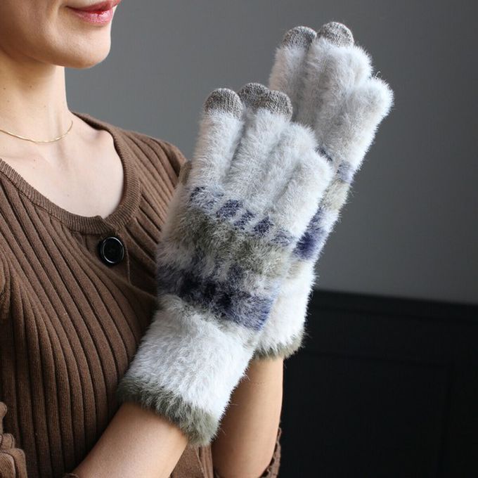 日本 LIZDAYS - 保濕加工 毛海感漸層色系手套(可觸控)-淺灰白