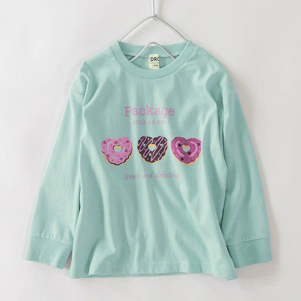 100%棉 可愛女孩印花長袖上衣-美味甜甜圈-薄荷綠