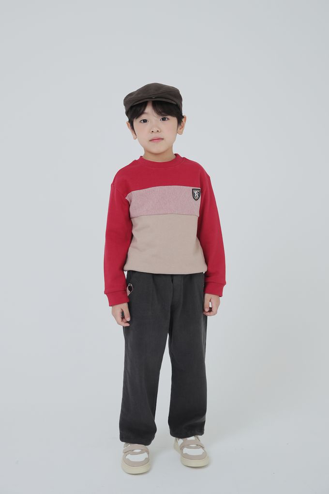 韓國 Coco Bang - 英倫漸層撞色拼接長袖上衣-紅X杏