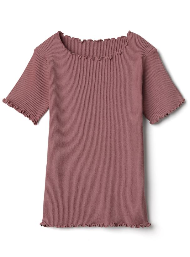 日本 GRL - 圓領木耳捲邊合身短袖上衣-煙燻粉