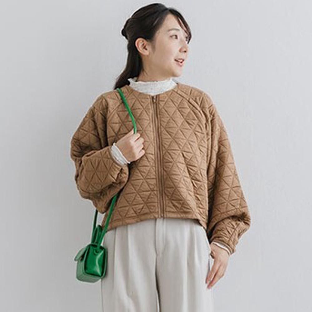 日本 ihuu - 輕盈感絎縫澎袖拉鍊外套-摩卡棕