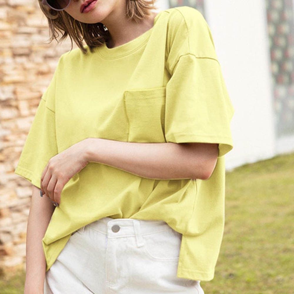 胸前口袋百搭短袖上衣-淺黃 (F)
