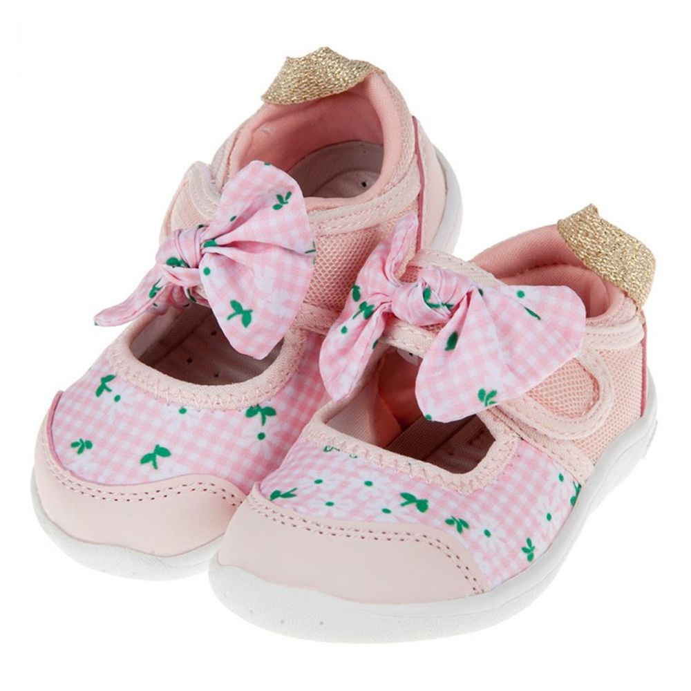 日本IFME - 格紋花朵粉色蝴蝶結公主機能水涼鞋