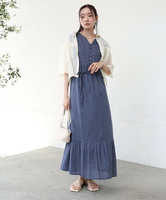 日本 Bab - 100%印度棉刺繡腰綁帶無袖洋裝-炭灰