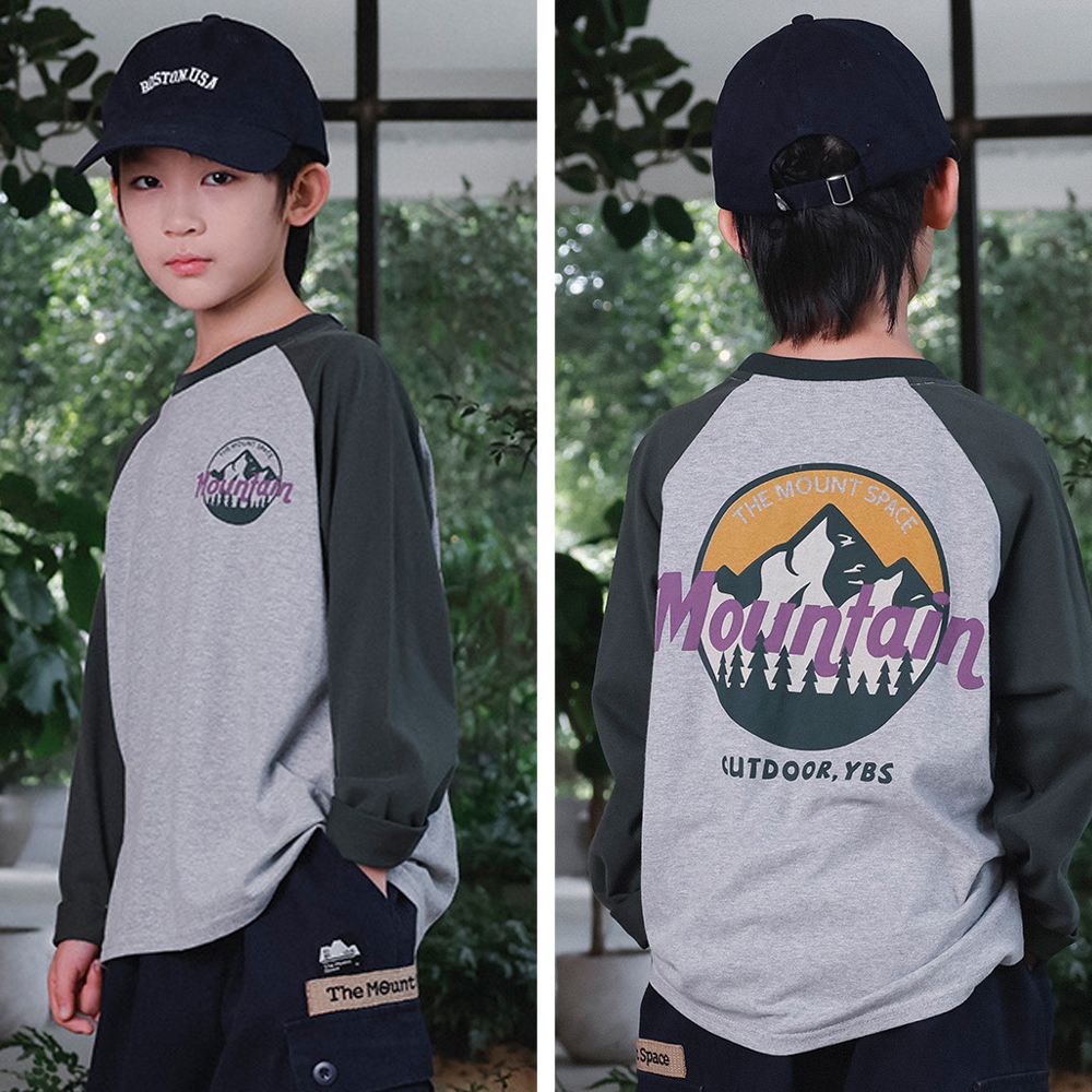 純棉圓領長袖上衣-Mountain-拼色花灰