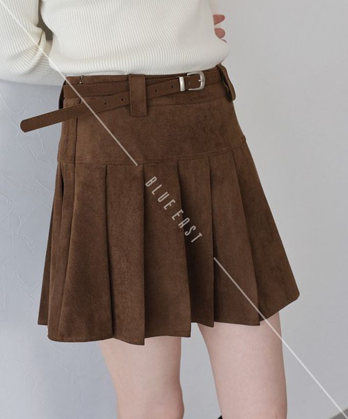 日本 BLUE EAST - 時髦麂皮百褶迷你短裙(附皮帶)-咖啡