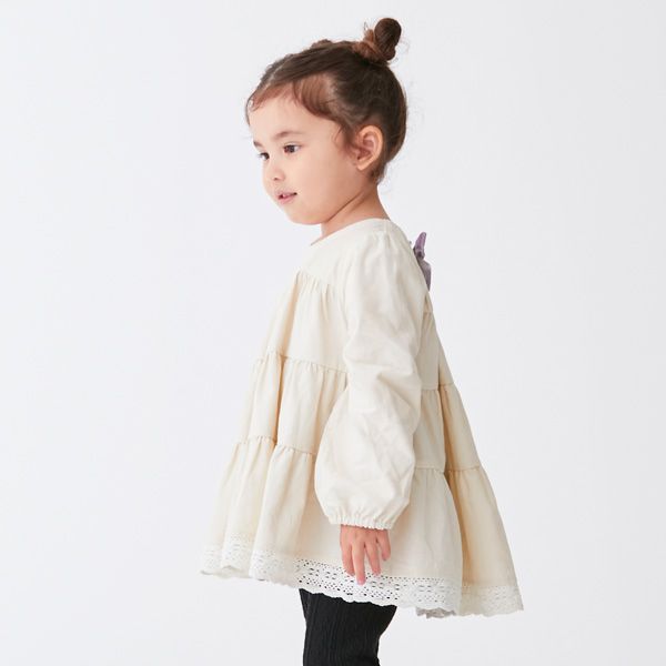 日本 petit main - 背後緞帶分層蛋糕長袖上衣-淺薄荷