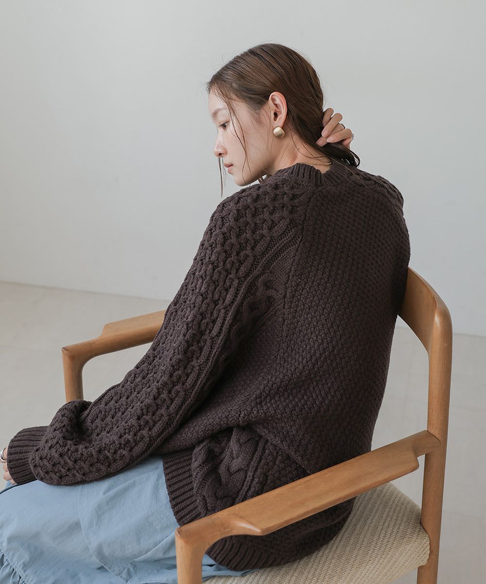 日本 Bab - 麻花編織大寬袖針織上衣-炭灰