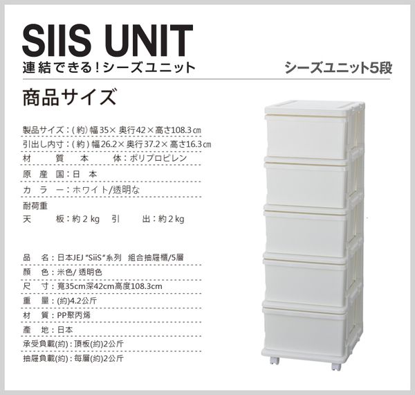 日本JEJ - SiiS UNIT系列 組合抽屜櫃 5層-米色
