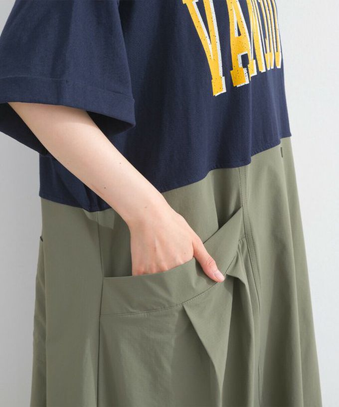 日本 Lupilien - 異素材撞色學院風俐落短袖洋裝-海軍藍