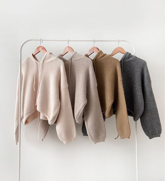 韓國女裝連線 - 連帽抽繩長袖針織上衣-米白 (FREE)