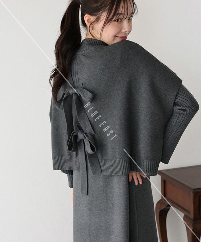 日本 BLUE EAST - [經典款]氣質針織斗篷綁帶長袖洋裝2件組-黑x杏