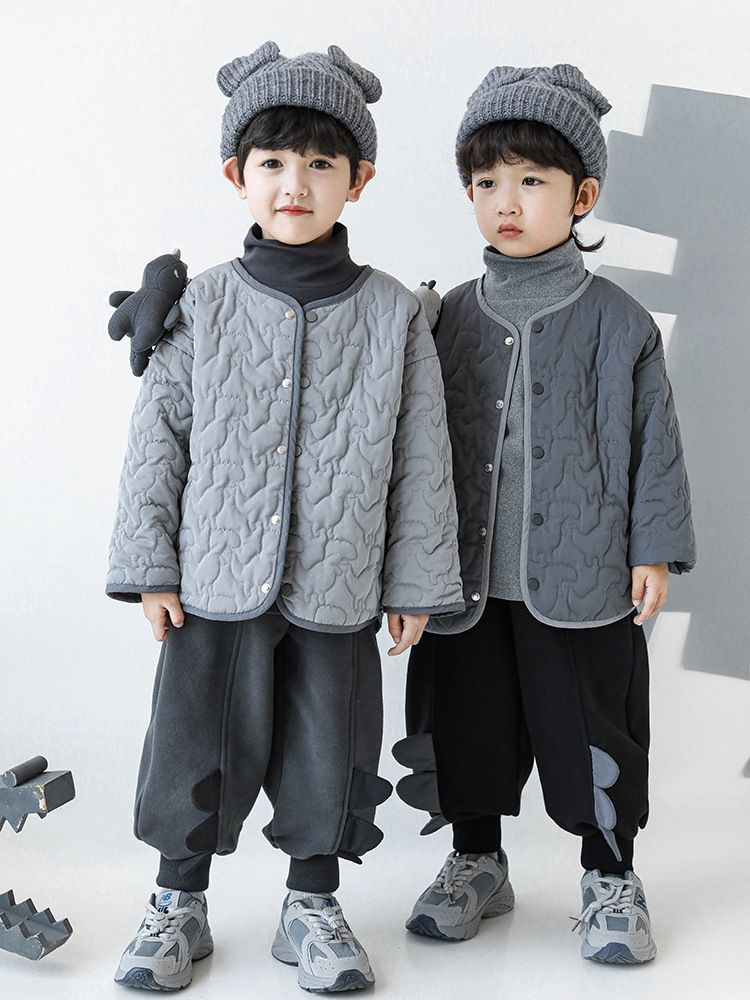 TONGMO - 加厚造型腰鬆緊休閒長褲-恐龍背棘-深灰色