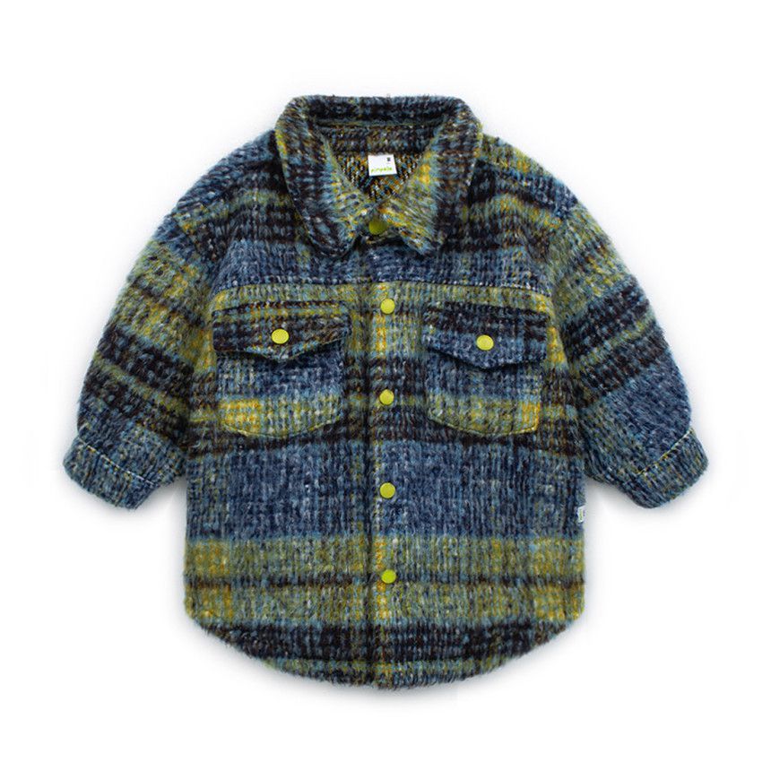 韓國Pimpollo - 藍格紋襯衫型保暖外套-黃