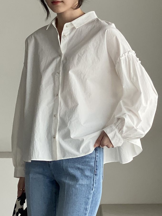 韓國女裝連線 - 極簡拼接翻領長袖襯衫-象牙白 (FREE)