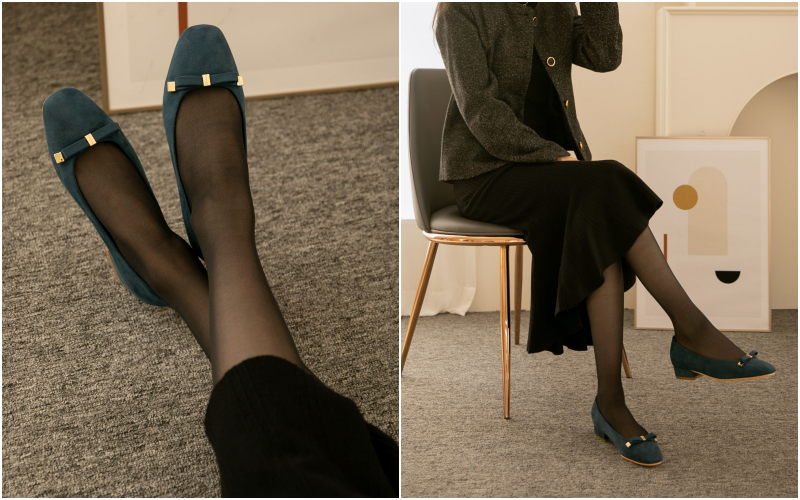 韓國 PINKELEPHANT - 低調蝴蝶結低跟包鞋(3cm)-絨面-藍綠