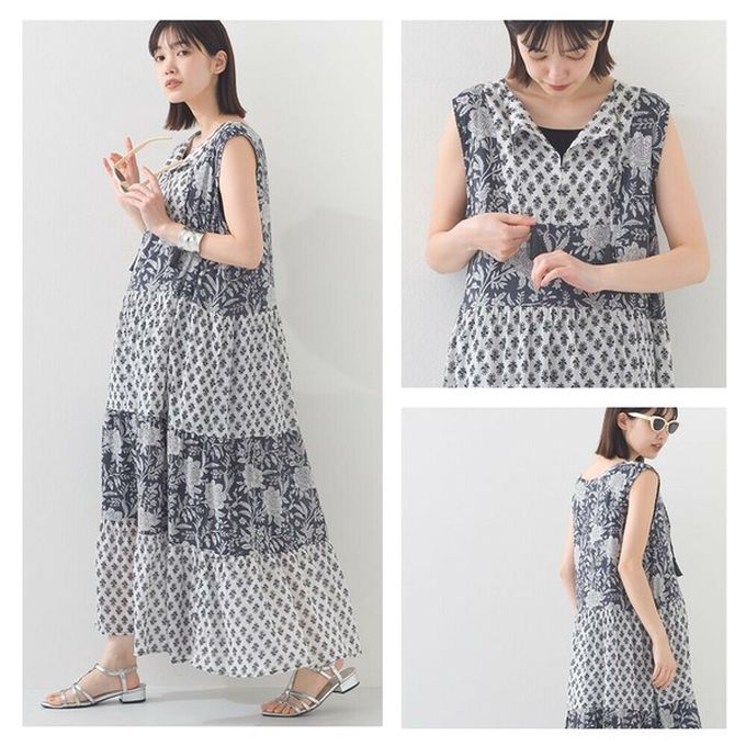 日本 OMNES - 100%印度棉 奢華印花流蘇無袖洋裝-紫