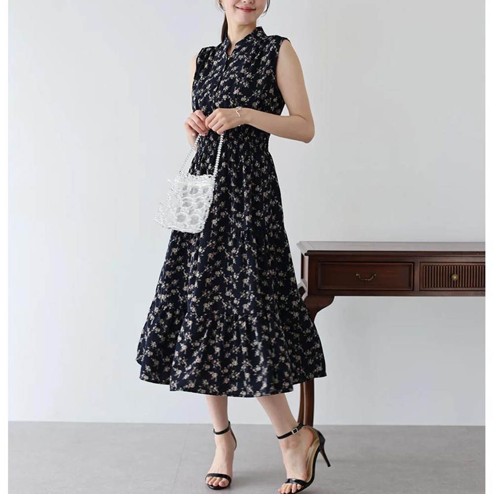 接觸冷感 縮腰顯瘦立領無袖洋裝-花朵-海軍藍 (M)