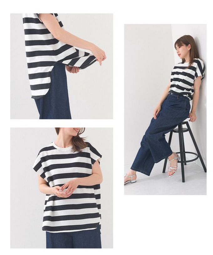 日本 OMNES - 接觸冷感 純棉不易皺法式袖上衣-粗條紋-黑x白